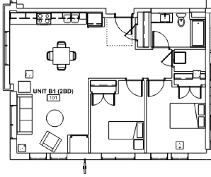 Floor plan for 2 beds, 1 bath, 857 sqft